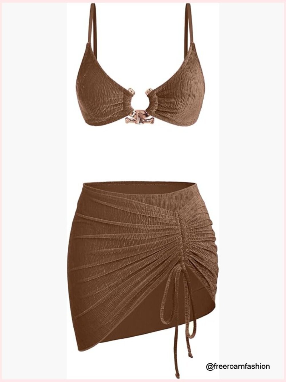 3 Piece Bikini Set With Sarong Coverup Ribbed Side Tie High Rise Cheeky Bottom